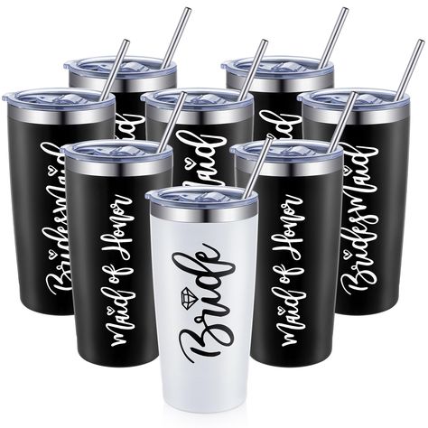 PRICES MAY VARY. Package Includes: you'll get 8 pieces of 20 oz bridesmaid proposal gifts, includes 1 x white bride tumbler, 1 x black maid of honor tumbler, 1 x black matron of honor tumbler, 5 x black bridesmaid tumbler; Each cup is equipped with lid and reusable straws, so you can use them to drink a cocktail on the morning of your wedding Chic and Gorgeous Design: stainless steel bride bridesmaid tumblers have a chic and gorgeous appearance, your girls will reuse and love them; Our bridesmai Bridesmaid Tumblers, Wedding Bridal Party Gifts, Bride Tumbler, Bridesmaid Mug, Groomsmen Gift Set, Bridesmaid Wine, Bridesmaid Tumbler, Black Bridesmaid, Engagement Party Gifts