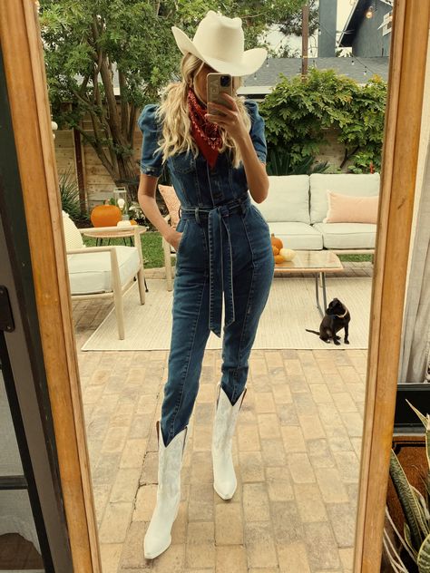 Tori Jumpsuit in Blue curated on LTK Jumpsuit Outfit With Boots, Western Jumpsuit Outfit, Western Jumpsuit, Outfit With Boots, Vaquera Outfits, 50th Bday, Jumpsuit Outfit, Boots Outfit, Mom Jeans