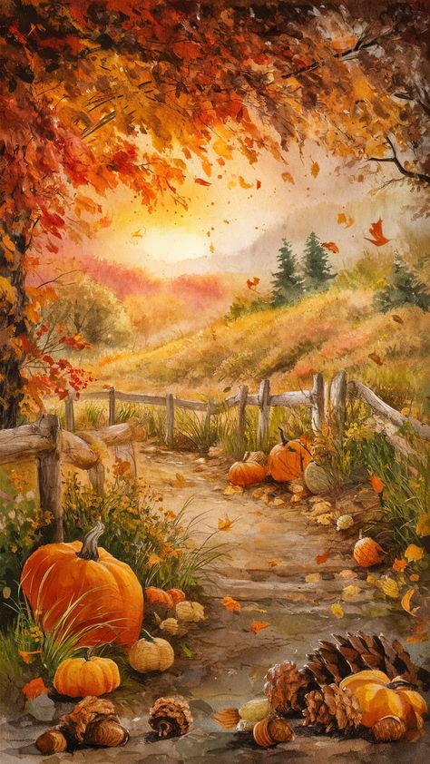 Immerse yourself in a serene autumn landscape filled with warm hues of orange and red, kissed by a golden sunset. This impressionist-style art print captures falling leaves, rustic pathways, and scattered acorns within a dreamy watercolor backdrop. Perfect for fall decor, it evokes the charm of vintage botanical illustrations and 1970s aesthetics. Ideal for art lovers and seasonal decor enthusiasts. Landscape Paintings Autumn, Fall Art Watercolor, Western Fall Pictures, Halloween Pumpkin Illustration, Thanksgiving Landscapes, Vintage Autumn Illustration, Autumn Season Drawing, Vintage Fall Wallpaper, Autumn Illustration Fall