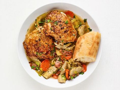 Crispy Chicken Thighs, Leek Recipes, Chicken Noodle Casserole, Grilled Chicken Thighs, Tv Food, Artichoke Recipes, Food Network Magazine, Spring Vegetables, Trending Recipes