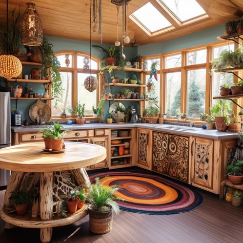 Earthy Rooms, Colorful Eclectic Decor, Hippy House, Greenhouse Build, Hippie Kitchen, Bohemian Style Interior Design, Yellow Cabinets, Colorful House, Colorful Eclectic