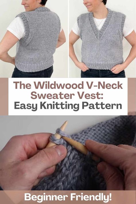 If you're looking for a fun and easy knitting project, then look no further than The Wildwood V-Neck Sweater Vest! This cozy and stylish vest is perfect for all-year-round wear and can be paired with your favorite shirts or dresses for a timeless layered look. The pattern is designed for beginners and experienced knitters alike, with simple knitting techniques and super bulky yarn that knits up quickly. The sweater vest is worked from the bottom up, with the back and fronts worked separate... Knitted Ladies Vest Pattern, Simple Knit Vest Pattern Free, Easy Sweater Vest Knitting Pattern, V Neck Sweater Vest Knitting Pattern Free, Men’s Knitted Vest Patterns, Knit V Neck Vest Pattern Free, Knitted Sweater Vest Pattern, V Neck Vest Knitting Pattern, Chunky Knit Vest Pattern Free