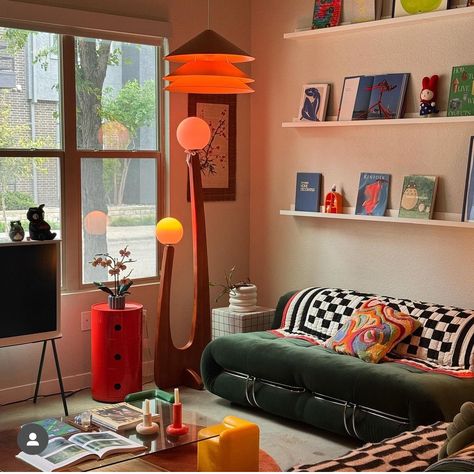 Eccentric Mid Century Modern, Funky Mid Century Modern Living Room, 1990 Interior Design, Sofa Positioning Living Rooms, Eclectic Maximalist Living Room, Bauhaus Interior Design Living Rooms, Color Block Room, Electric Maximalist, Pop Art Apartment