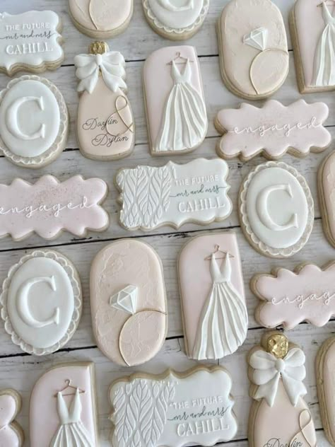 Pink Wedding Cookies Decorated, Blushing Bride Cookies, Blush Bridal Shower Cookies, Eucalyptus Bridal Shower Cookies, Elegant Bridal Shower Cookies, Cookies For Bridal Shower Cute Ideas, Wedding Dress Cookies Royal Icing, Engagement Party Cookies Decorated, Bridal Shower Cookie Ideas