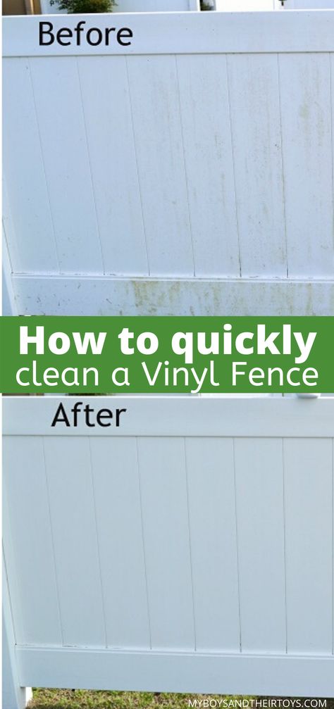 White Vinyl Privacy Fence, How To Clean White Vinyl Fence, How To Clean Vinyl Siding, White Vinyl Fence Decorating Ideas, Vinyl Fence Decor, Vinyl Deck Railing, Cleaning Vinyl Siding, Vinyl Gates, White Vinyl Fence