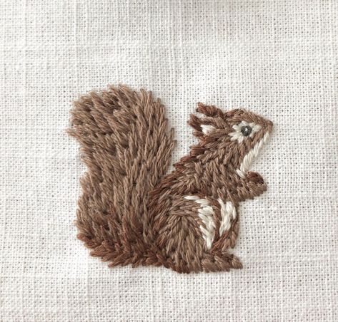 Hand Embroidered Animals, Woodland Creature Embroidery, Tiny Animal Embroidery, Embroidery Forest Animals, Pine Tree Embroidery Simple, Forest Animal Embroidery, Squirrel Embroidery Pattern, Woodland Embroidery Designs, Embroidered Animals Simple