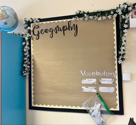 The beginnings of Autumn’s Geography working wall Geography Display, Working Wall Display, Creative Bulletin Boards, Neutral Classroom, Working Wall, Bulletin Boards Classroom Decor, School Displays, Class Room, Classroom Bulletin Boards