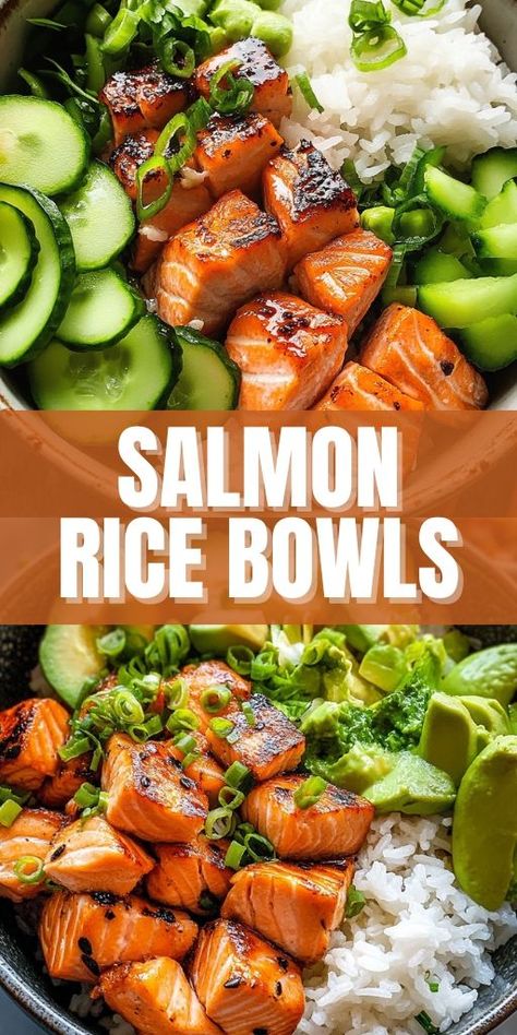 Enjoy a healthy and delicious meal with these Crispy Salmon Rice Bowls! 🐟🍚 Crispy seared salmon served on a bed of fluffy rice, topped with fresh veggies, avocado, and a drizzle of soy sauce or spicy mayo. This customizable bowl is packed with nutrients and flavor, making it perfect for meal prep or a quick, satisfying dinner. 💚✨ Add your favorite toppings like nori or sesame seeds for extra crunch! #SalmonBowls #HealthyDinner #RiceBowls #SalmonRecipes #MealPrep #SeafoodLovers Salmon Bowl With Coconut Rice, Rice Bowl Recipe Easy, Salmon Hibachi Bowl, Paleo Rice Bowls, Sesame Salmon Bowl, Salmon Rice Salad, Salmon Lunch Bowl, Pan Seared Salmon Bowl, Honey Sriracha Salmon Bowl