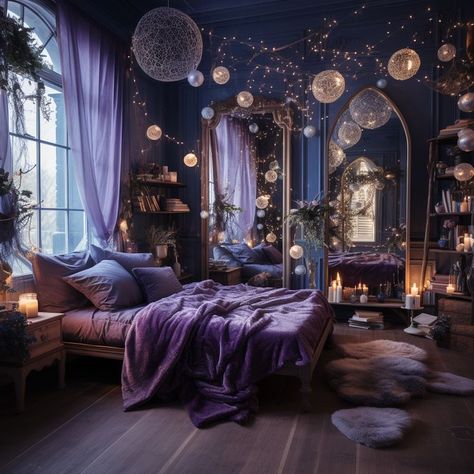 Purple Fantasy Bedroom, Celestial Furniture Diy, Celestial Bedroom Aesthetic, Purple Boho Bedroom, Magic Bedroom, Witchy Bedroom Ideas, Galaxy Bedroom, Magical Bedroom, Goth Bedroom