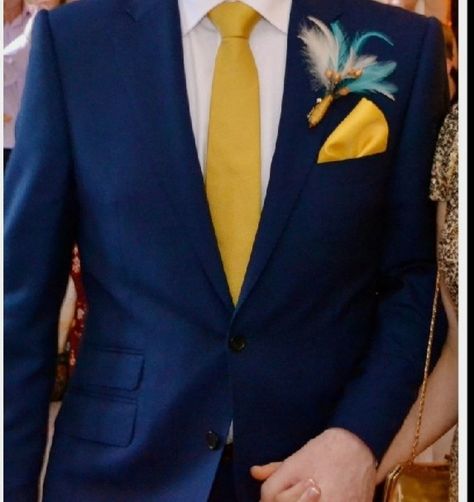 Blue Suit Yellow Tie Wedding, Navy Blue Suit With Yellow Tie, Wedding Suits Groom Turquoise, Royal Blue Yellow Wedding, Blue Suit With Yellow Tie, Gold Tie Wedding, Blue Suit Yellow Tie, Blue And Yellow Suit, Black Suit Blue Shirt