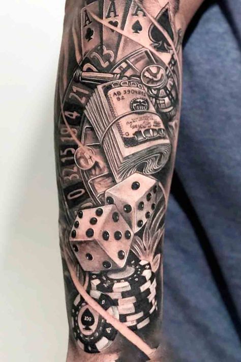 Roulette Tattoo, Lifes A Gamble Tattoo, Tattoos Arm Mann, Joker Card Tattoo, Casino Tattoo, Dice Tattoo, Half Sleeve Tattoos Forearm, Vegas Tattoo, Money Tattoo