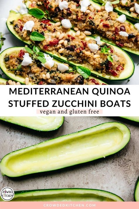 These Mediterranean Quinoa Stuffed Zucchini Boats are a delicious vegan and gluten free weeknight dinner. The filling is made with quinoa, pine nuts, sun dried tomatoes and kalamata olives. Plus, learn how to prepare perfect zucchini boats every time! Vegetarian Zucchini Boats, Stuffed Zucchini Boats, Mediterranean Quinoa, Vegan Summer Recipes, 2b Mindset, Quick Vegetarian Meals, Vegan Quinoa, Stuffed Zucchini, Grilled Tofu