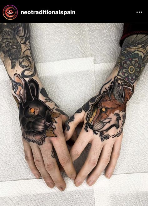 Still Healing, Traditional Hand Tattoo, Tattoo Beautiful, Tattoo Apprenticeship, Planet Tattoos, Blackout Tattoo, Men Tattoo, Rabbit Tattoos, Fox Tattoo