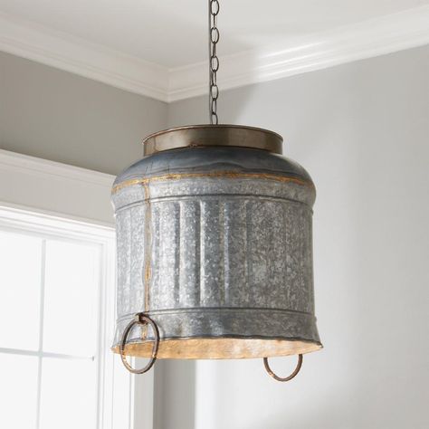 Galvanized metal is punctuated with bold brass accents in the exposed brazing and hardware on this modern rustic pendant. Perfect for over a small table or any space in need of some modern farmhouse charm. Galvanized Light Fixture, Galvanized Metal Decor, Barn House Interior, Galvanized Light, Metal Light Fixture, Corrugated Metal, Shades Of Light, Farmhouse Decor Living Room, Farmhouse Charm