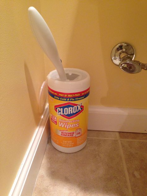 Easy way to store you Clorox toilet wand!!!  So easy and hides easily behind most toilets. Now Clorox should make some decorative containers. Clorox Wand, Wand Storage, Clorox Toilet Wand, Wand Holder, Disinfecting Wipes, Clear Mind, Cleaning Schedule, Diy Cleaning Products, Toilets