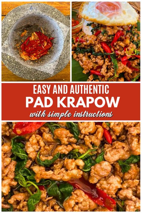 Pad krapow with a granite mortar and pestle. Basil Pork, Thai Basil Pork, Pao Recipe, Pad Kra Pao, Pad Krapow, Thai Fried Rice, Asian Dinner, Ground Pork Recipes, Easy Meals For Two