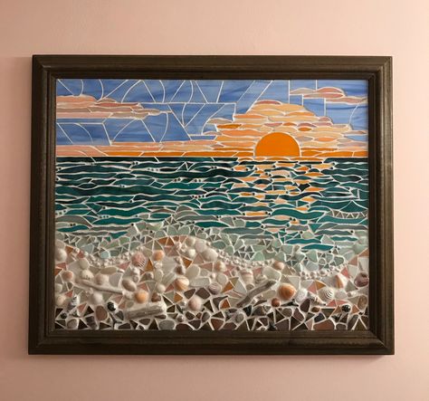 Mosaic Lake Scene, Mosaic Ocean Scenes, Mosaic Beach Ideas, Sunset Mosaic Art, Mosaic Beach Scenes, Free Mosaic Patterns Templates Design, Sunrise Mosaic, Seascape Mosaic, Mosaic Sunset