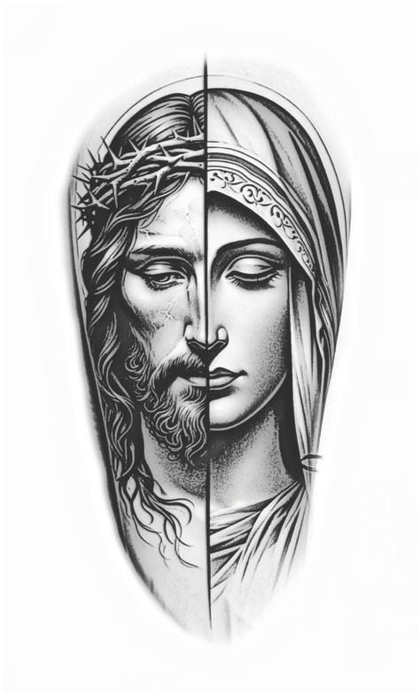 Mother Mary Tattoos, Jesus Christ Tattoo, Jesus Tattoo Design, Lion Art Tattoo, Biblical Tattoos, Cross Silhouette, Mary Tattoo, Christ Tattoo, Realistic Tattoo Sleeve