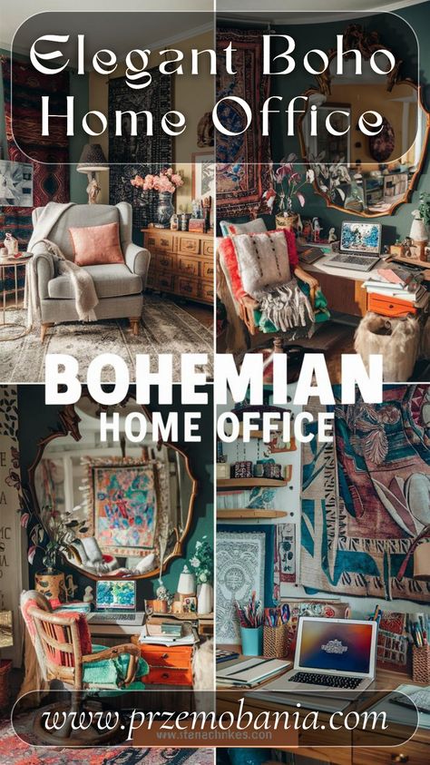 Create a bohemian home office that combines functionality with style. Use chic bohemian decor, cozy room decor, and vintage pieces to make your workspace unique. Add boho lamps and a boho wall for a warm, inviting atmosphere. This boho chic home office is perfect for sparking creativity and maintaining productivity. #bohemianhomeoffice #chicbohemiandecor #bohostyleinteriordesign #vintage #boholamps #bohowall #bohochichomeoffice #homeoffice #cozyroomdecor #bohemianstyle Modern Eclectic Home Office, Boho Lamps Bohemian Decor, Home Office Boho Chic, Bohemian Office Space, Boho Office Space Workspaces, Boho Chic Home Office, Boho Office Room, Eclectic Office Decor, Colourful Home Office