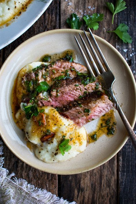 Brown Butter Steak, Whipped Cauliflower, The Original Dish, Butter Steak, The Pillow, Steak Dinner, Idee Pasto Sano, Roasted Garlic, Brown Butter