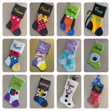 Customizable Disney Christmas Stockings For The Whole Family! Disney Christmas Stockings, Disney Stockings, Disney Christmas Tree, Disney Cats, Christmas Stockings Diy, Disney Font, Felt Stocking, Family Stockings, Homemade Holiday