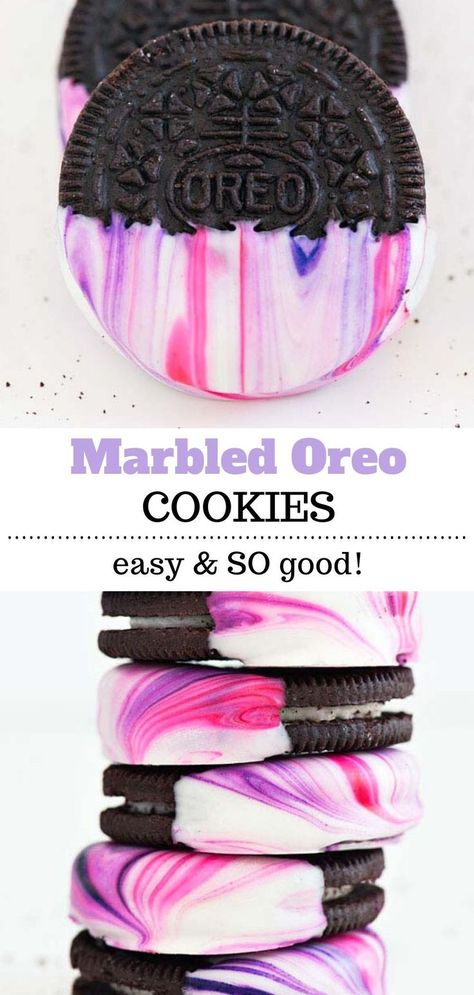 These chocolate covered Marbled Oreo Cookies are the best anytime treats! But so fun and festive for special occasions and holidays too! Kids and adults will love this fun to eat and fun to make chocolate covered Oreos recipe. Save this cookie dessert recipe for later!