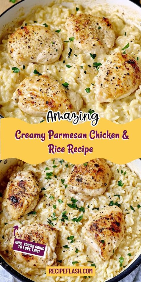 Want to impress your loved ones with a simple yet indulgent dish? The Creamy Parmesan Chicken & Rice Recipe is the ultimate comfort food that elevates chicken breast recipes to a new level. Be sure to save this delicious recipe for an easy weeknight treat! Parmesan Chicken Rice, Creamy Chicken Dish, Chicken Rice Recipe, Creamy Parmesan Chicken, Delicious Chicken Breast Recipes, Easy Chicken Breast, Chicken Breast Recipes Easy, Easy Rice Recipes, Rice Dinner