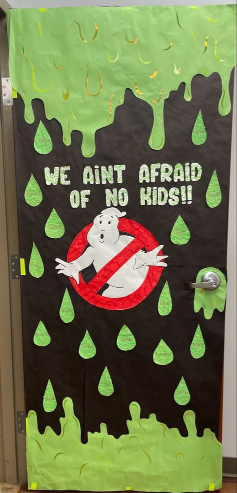 Ghostbuster Classroom Door Decoration, Ghostbuster Classroom Door, Halloween Door Theme, Cardboard Classroom Ideas, Halloween Class Door Decor, Back To School Door Ideas Pre K, Ghostbusters Classroom Door, Halloween Daycare Door Ideas Preschool, Spooky Halloween Classroom Doors