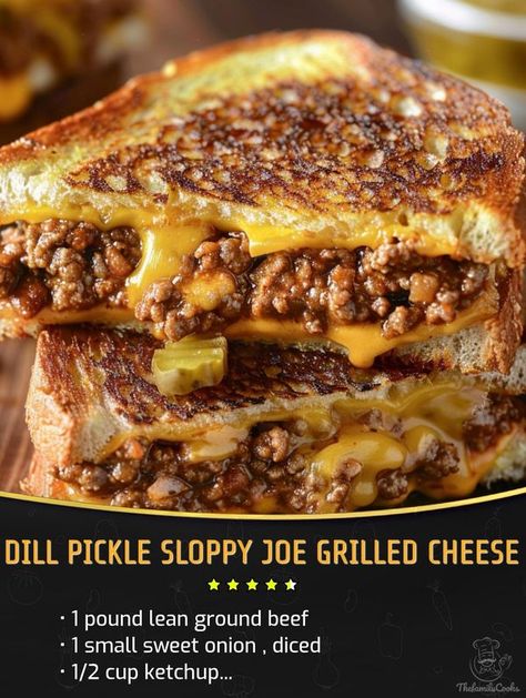 Dill Pickle Sloppy Joe Grilled Cheese, Sloopy Joes, Sloppy Joe Grilled Cheese, Cheesy Sloppy Joes, Grilled Cheese Sloppy Joe, Dill Pickles, Grilled Sandwich, Sloppy Joe, Burger And Fries