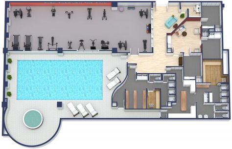 Fitness Center With Pool Gym And Swimming Pool Design, Pool And Gym Design, Cafe Floor Plan Layout, Gym Layout, Cafe Floor Plan, Pool Clubhouse, Gym Architecture, Event Space Design, Gym Design Interior