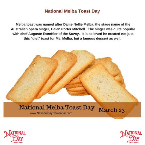 National Melba Toast Day via @nationaldaycal National Toast Day, Melba Toast, March Holidays, Famous Desserts, National Day Calendar, March Themes, National Days, National Day, Hot Dog Buns