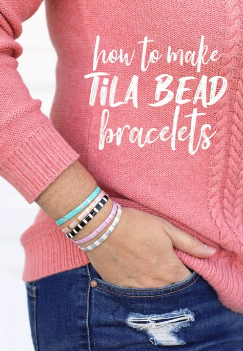 How To Make Stack Bracelets, Jewelry Making Tutorials Step By Step, Flat Bead Bracelet, Tila Bead Bracelets, Stretch Beaded Bracelets Diy, Jewelry Basics, Bracelet Stuff, Tila Beads, Diy Bracelets Tutorials