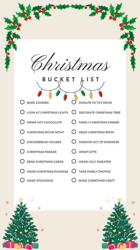 Cute and fun all age's Christmas/Winter bucket list. Christmas Fun List, Holiday Bucket List Christmas, Christmas Todo List, Bucket List Ideas Winter, Winter To Do List, Christmas Traditions Ideas, December Bucket List, Christmas Bucket List Ideas, Christmas List Template