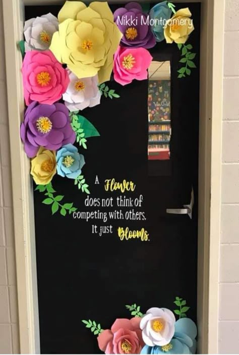 School Spring Decorations, Flower Door Decorations Classroom, Spring Cubicle Decor Ideas, Flower Classroom Decorations, Garden Theme Preschool Classroom Decor, Flowers For Classroom Decoration, Spring Decorating Ideas For Classroom, Floral Office Decor, Encanto Door Decorations Classroom