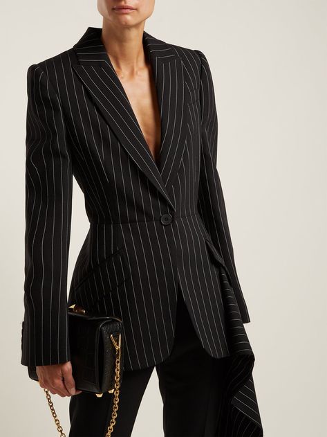 Draped pinstripe-wool jacket | Alexander McQueen | MATCHESFASHION US - Pinstripe Suit Women, Lesbian Fashion, Formal Wear Women, Elegant Outfit Classy, Womens Dress Suits, Woman Suit Fashion, Pantsuits For Women, Pinstripe Suit, Graduation Outfit