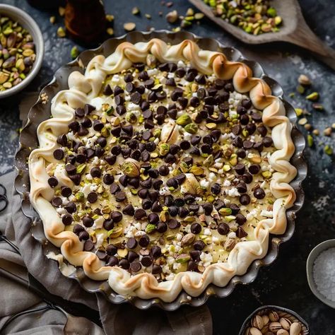 ds0887_chocolate_chips_and_pistachios_Cannoli_Pie_150c0792-e703-4a4e-8d7e-b693430f12e7 Cannoli Tart, Cannoli Pie Recipe, Cannoli Pie, Thai Chicken Noodles, Blueberry Cheesecake Bars, Chocolate Chip Pie, Keto Meatballs, Meatball Sliders, Brunch Desserts