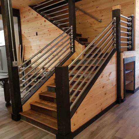 Unique Options for Stair Railing at Home | Simplified Building Copper Railing Stairs, Loft Handrail Ideas, Interior Metal Railing, Home Stair Railing Ideas, Stair Railing Ideas Outdoor, Rebar Stair Railing, Railing Design Outdoor, Railing Ideas Outdoor, Outdoor Stair Railing Ideas