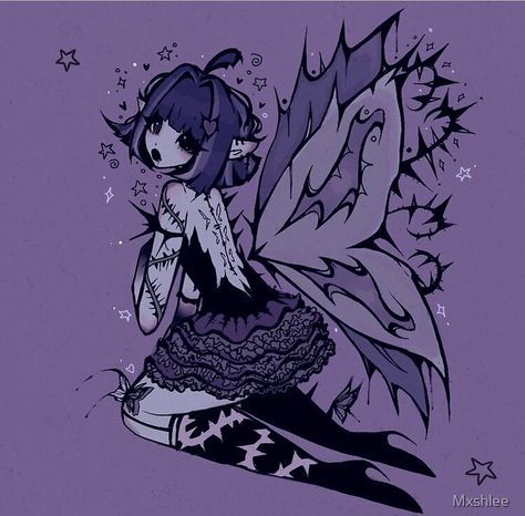 Fae Aesthetic Art, 2000s Fairy Art, Purple Goth Pfp, Goth Cartoon Pfp, Gothic Fairy Aesthetic, Purple Pfp Aesthetic, Witch Pfp, Goth Oc, Fairy Pfp