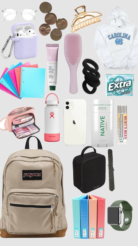 School Backpack Essentials Highschool, Backpack Necessities, Best College Backpack, Middle School Backpack, Middle School Essentials, School Backpack Essentials, Preppy School Supplies, What's In My Backpack, Backpack Ideas