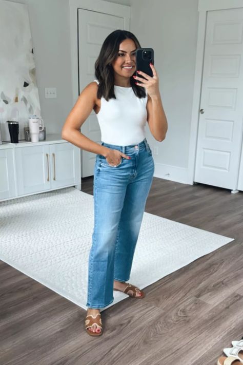 denim  / white bodysuit / sandals / jeans / fall outfit / summer outfit / sandals White Bodysuit Outfit Ideas, White Bodysuit Outfit, Bodysuit Outfit Summer, Bodysuit Outfit Ideas, Jeans Fall Outfit, Closet Basics, Jeans Outfit Fall, Bodysuit Outfit, Body Suit Outfits