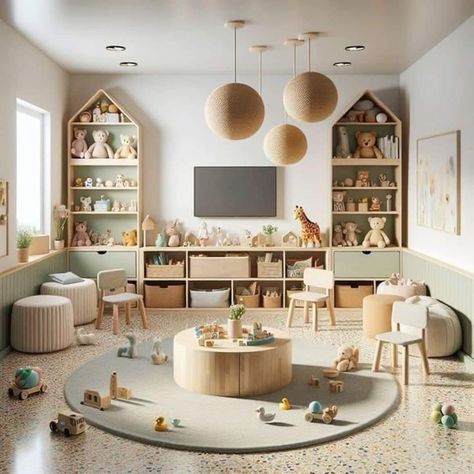 Pottery Barn Play Room, Light Green Playroom, Toy Room Aesthetic, Aesthetically Pleasing Playroom, Soft Play Playroom, Playroom Design Modern, Kid Area In Living Room, Playroom Conservatory Ideas, Playroom Ideas Neutral