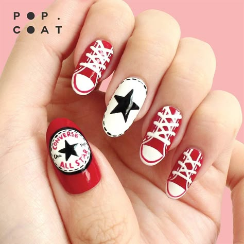 Novelty Nails, Converse Nail Art, Sporty Nails, Sneaker Nails, Converse Nails, Ladybug Nails, Nail Polish Style, Nail Pen, Star Nail Art