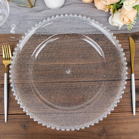 Explore our 6-pack of 12" clear silver acrylic plastic beaded rim charger plates. Perfect for enhancing your dining experience. ✓ Buy now! Charger Plates Decor, Acrylic Charger Plates, Silver Charger Plates, Green Kitchen Accessories, Charger Plates Wedding, Pipe And Drape Backdrop, Belle Birthday, Pipe And Drape, Plate Decor