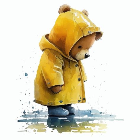 Teddy Bear Art Drawing, Cute Teddy Bear Aesthetic, Raincoat Illustration, Cute Teddy Bear Illustration, Drawing Of A Bear, Cute Bear Illustration, Teddy Bear Painting, Teddy Bear Illustration, Baby Animal Painting