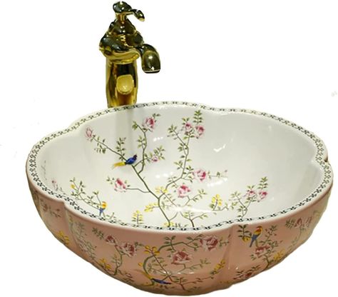 Lavabo D Angle, Undermount Bathroom Sink, Vessel Bathroom Sink, Yellow Ceramics, Bird Pattern, Vessel Sink Bathroom, Flower Bird, Pink Ceramic, Basin Sink