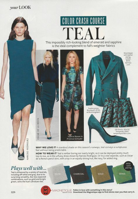 Color Crash Course: Teal #instyle Teal Matching Colors, Dark Teal Outfit, Color Crash Course, Instyle Color Crash Course, Teal Outfits, True Autumn, Colour Combinations Fashion, Winter Typ, Color Combinations For Clothes