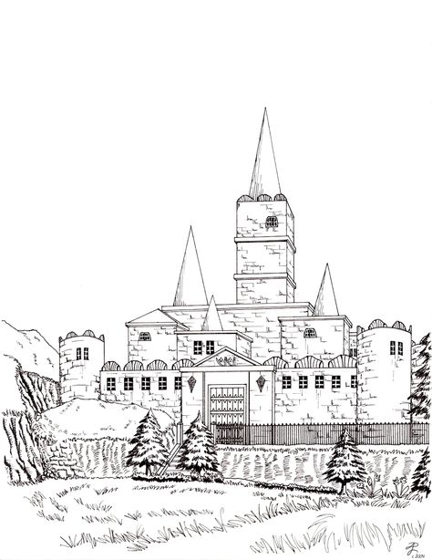 Castle Home Hyrule Castle Tattoo, Castle Outline Tattoo, Medieval Castle Tattoo Design, Harry Potter Castle Outline Tattoo, Castle Minimalist Drawing, Castle Line Art, Zelda Coloring Pages, Hyrule Castle, Castle Tattoo