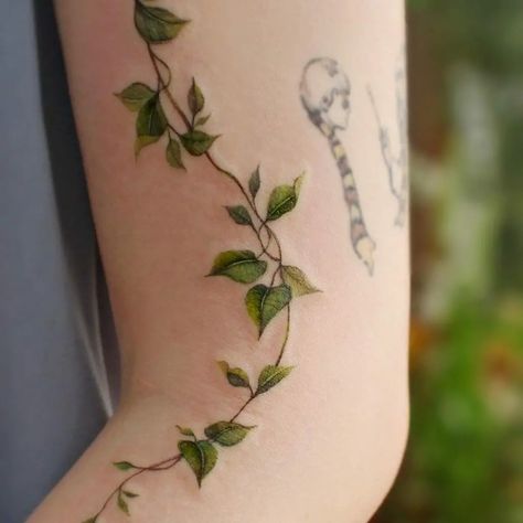 Nezuko Vine Tattoo, Ivy Tattoo Vines For Women, Pathos Tattoo, Whimsical Tattoo Sleeve, Wraparound Tattoo, Tibetan Tattoo, Green Tattoo, Muster Tattoos, Vine Tattoos