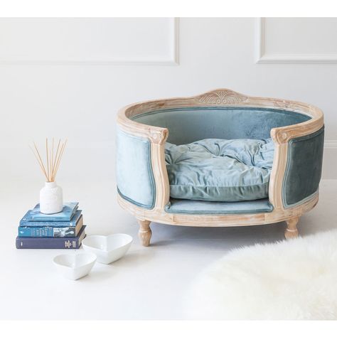 Princely Pooch Blue Velvet Pet Bed | French Bedroom Company Velvet Dog Bed, French Bedroom Company, Wood And Upholstered Bed, Luxury Dog Bed, French Style Bed, French Bed, Luxury Mattresses, French Bedroom, Luxury Pet