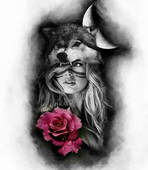 wolf lady with moon and rose tattoo sketch Moon And Rose Tattoo, Wolf Lady, Moon And Rose, Tattoo Frau, Lady Tattoo, Rose Sketch, Tattoo Sketch, Tattoo Meaning, The Wolf